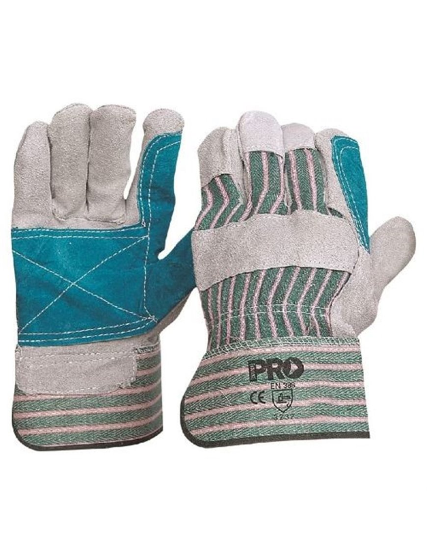 Green & Grey Striped Cotton / Leather Gloves 12pk