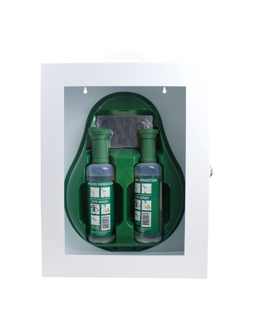 AEROWASH Drop Eyewash Station in Metal Cabinet with Perspex Front (2 x 500mL bottles)