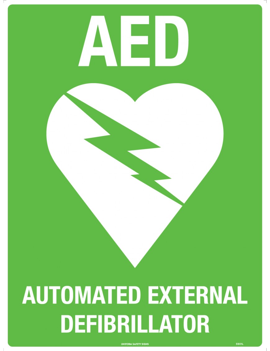 First Aid Sign - White/Green AED With Symbol  Metal