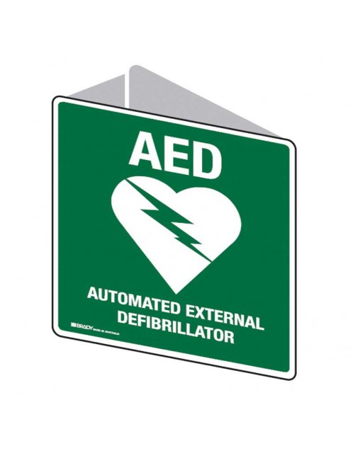 First Aid Sign - White/Green AED with Symbol 3D Wall Sign 225x225mm Poly