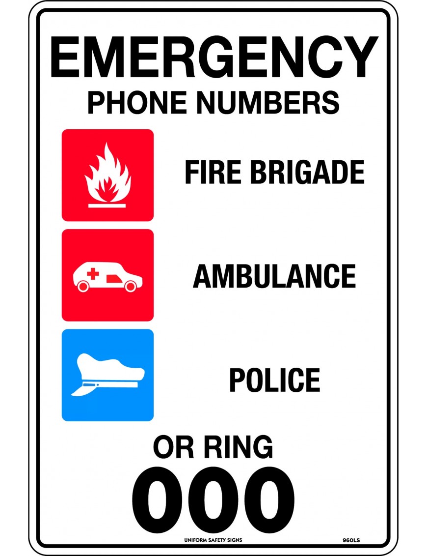 Emergency Information Sign - Emergency Phone Numbers or Ring 000  Metal