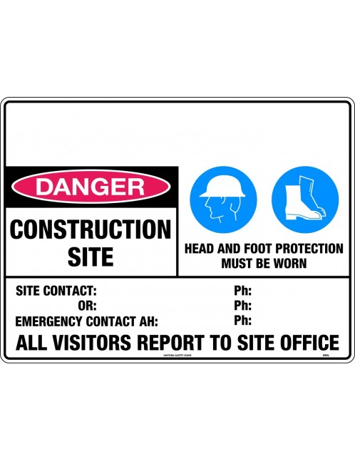 Danger Sign - Danger Construction Site Head and Foot Protection Must Be Worn  Poly